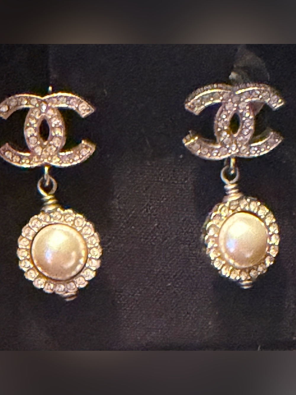 CHANEL Gold-Tone Crystal CC Drop Earrings with Pearl Centers (Cream Pearls)